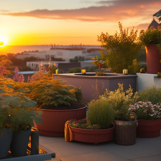 A serene rooftop garden at sunset, with lush greenery and vibrant flowers, featuring a self-watering planter, a drip irrigation system, and a stylish rainwater harvesting tank in the background.