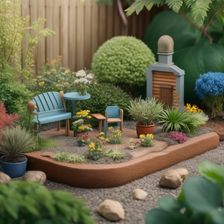 A whimsical illustration of a compact backyard with a miniature wooden bench, surrounded by a variety of small, colorful planters in unique shapes and materials, overflowing with lush greenery.