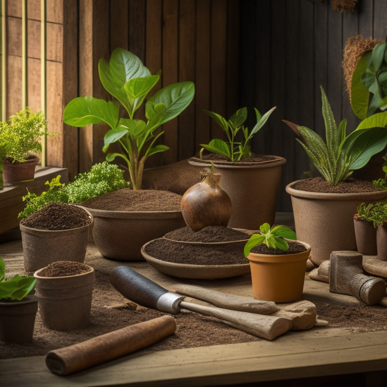 A rustic wooden table with a few small potted plants, a hammer, a bag of potting soil, and a few terra cotta pots in the background, surrounded by scattered DIY tools and materials.