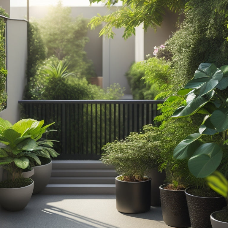 A serene, compact rooftop oasis with lush greenery spilling over a sleek, modern railing, surrounded by potted plants and a subtle, meandering pathway on a bright, sunny day.