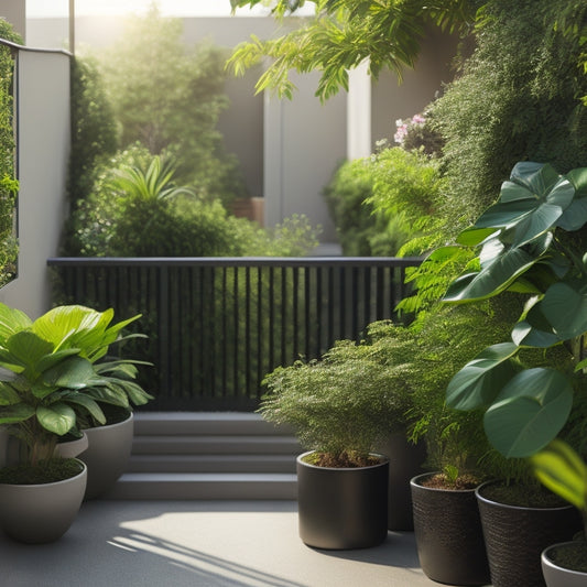 A serene, compact rooftop oasis with lush greenery spilling over a sleek, modern railing, surrounded by potted plants and a subtle, meandering pathway on a bright, sunny day.