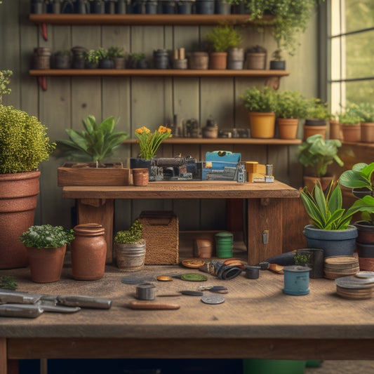 A wooden workbench cluttered with various DIY tools and materials, with a few potted plants and a miniature planter on a corner, surrounded by coins and a miniature piggy bank.