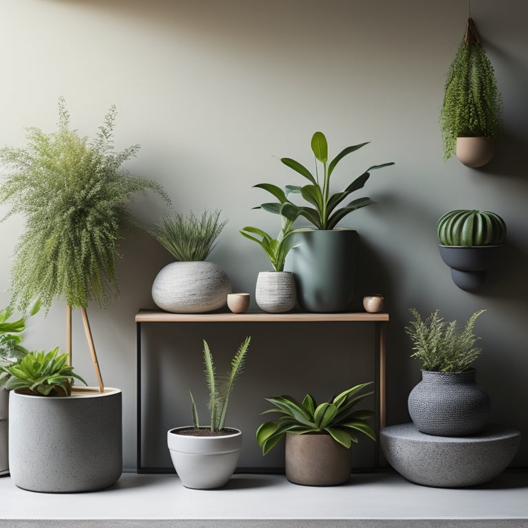 A serene indoor setting featuring a variety of unique concrete planters in different shapes, sizes, and textures, filled with lush greenery and arranged artfully on a minimalist wooden shelf.