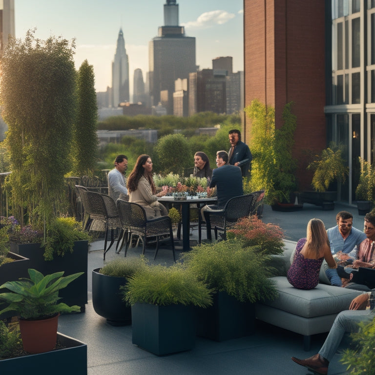 A rooftop scene with lush greenery overflowing from a sleek, modern trellis system, surrounded by potted plants, and a cityscape in the background, with a few people enjoying the space.