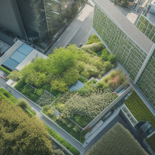 An aerial view of a modern cityscape with various green roofs showcasing different noise-reducing solutions, including lush gardens, sedum tiles, and living walls with integrated sound-absorbing materials.