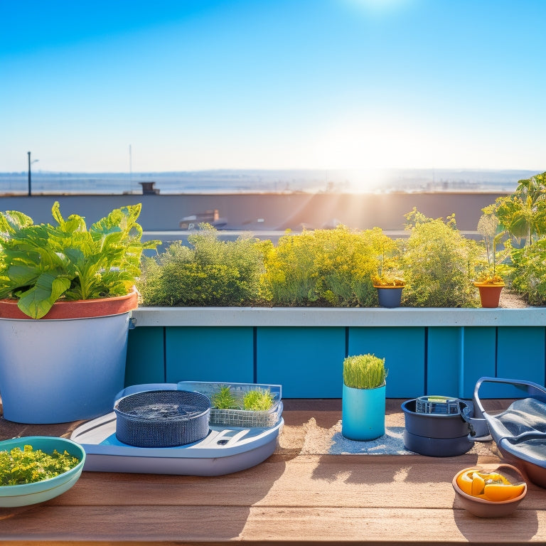 A rooftop vegetable garden with lush green plants, a small table with various soil testing equipment, including a pH meter, nutrient tester, and soil sampler, against a clear blue sky.