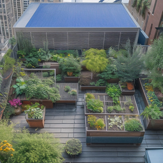 A bird's-eye view of a vibrant rooftop container garden with a mix of rectangular and circular planters, trellises, and a wooden bench, surrounded by a lush greenery and a cityscape in the background.