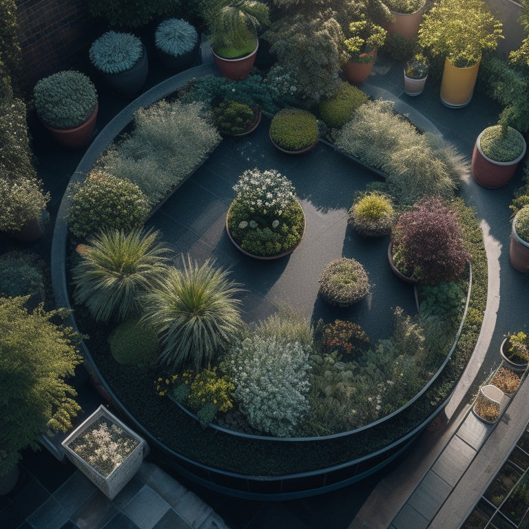 An aerial view of a rooftop garden with a network of thin, black tubes and small, round emitters, surrounded by lush greenery and a few scattered potted plants.