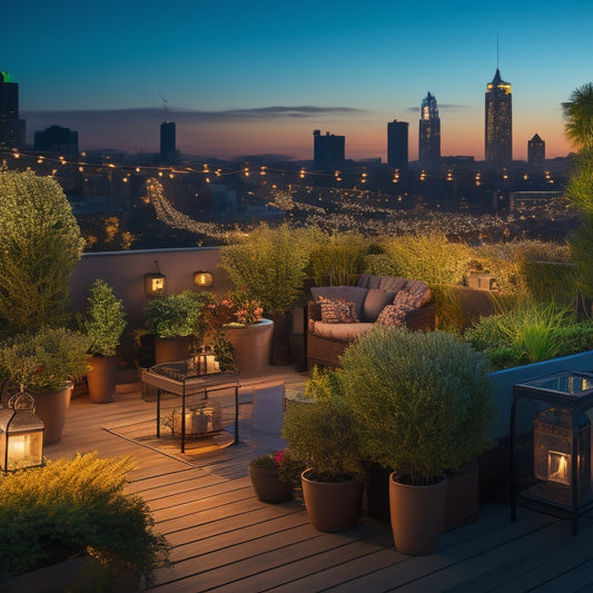 A serene rooftop garden at dusk, with twinkling string lights woven through lush greenery, surrounded by cityscape silhouettes, and a warm golden glow emanating from lanterns amidst a starry night sky.