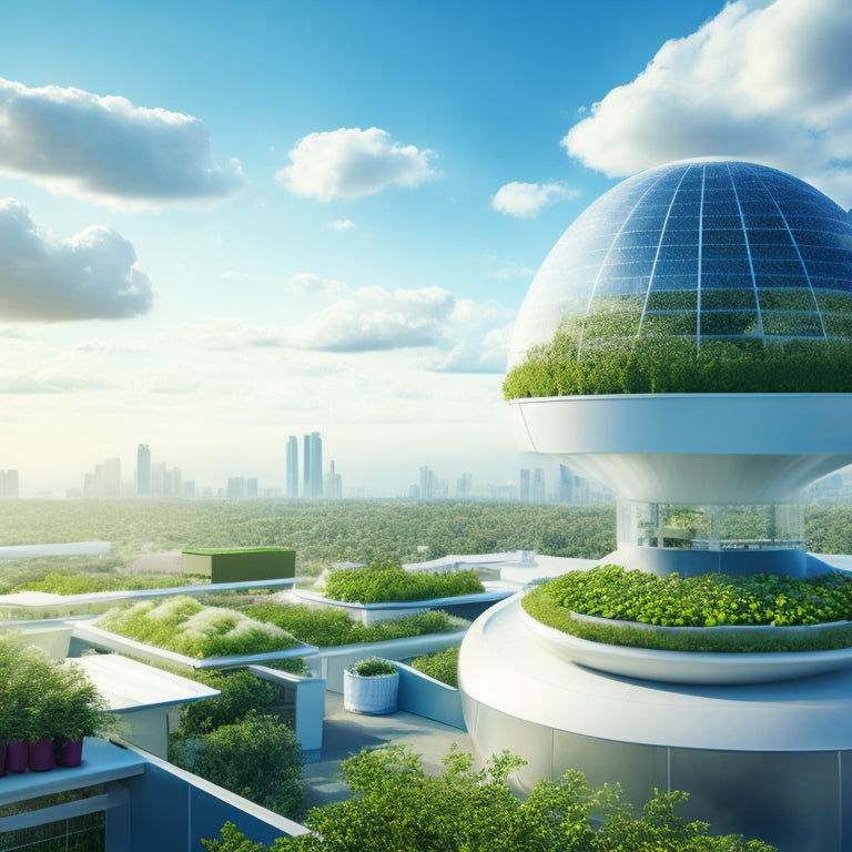 A futuristic rooftop with a sleek, silver hydroponic system featuring vertically stacked planters, lush greenery, and vines spilling over the edges, set against a bright blue sky with fluffy white clouds.