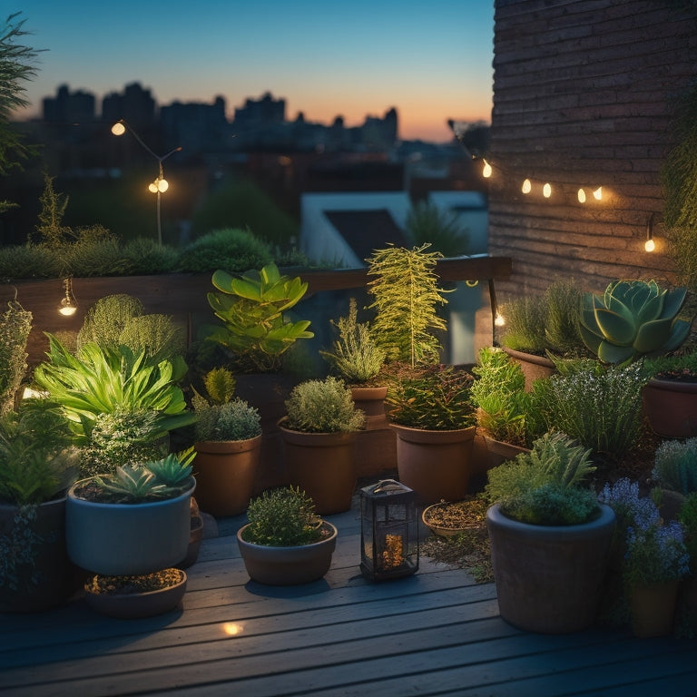 A serene rooftop garden scene at dusk, with twinkling string lights, a petite wooden pergola, and a mix of potted succulents, flowering plants, and lush greenery in repurposed planters.