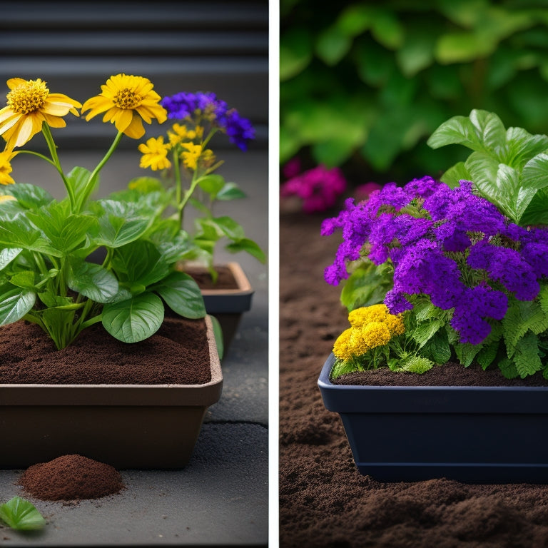 A split-screen comparison of three block planters, each containing a different soil mix (dark peat moss, well-draining perlite, and rich compost), with lush greenery and vibrant flowers.