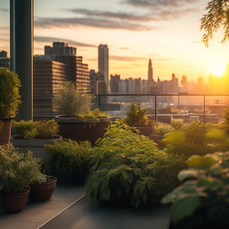 A serene urban rooftop scene at dusk, with lush greenery and vibrant plants thriving in hydroponic systems, surrounded by sleek modern cityscape and warm golden lighting.