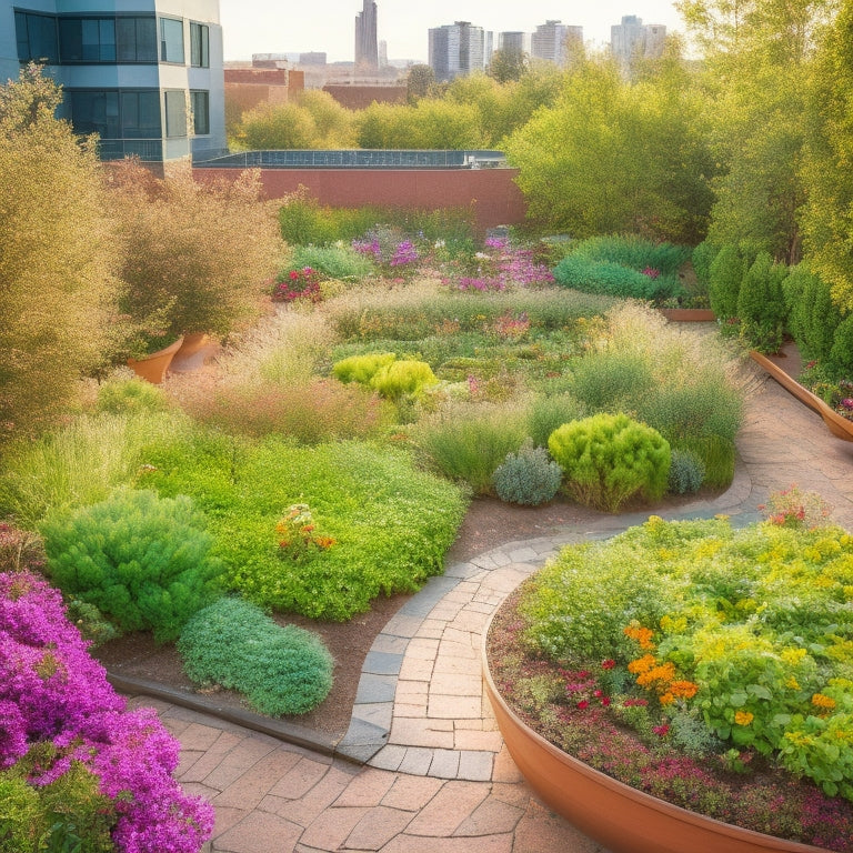 A serene rooftop garden with lush greenery, vibrant flowers, and a meandering pathway, contrasted with a withered, parched section, highlighting the importance of a custom irrigation system.