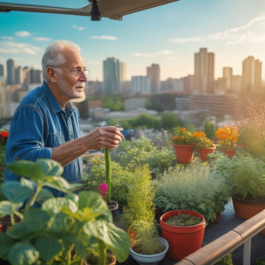 An elderly person, surrounded by lush greenery, tends to a thriving rooftop garden filled with vibrant flowers, herbs, and vegetables, with a serene cityscape in the background.