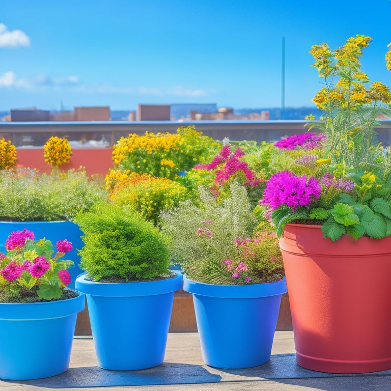A colorful rooftop container garden with various pots and planters of different shapes and sizes, filled with lush greenery, vibrant flowers, and edible herbs, against a bright blue sky with fluffy white clouds.