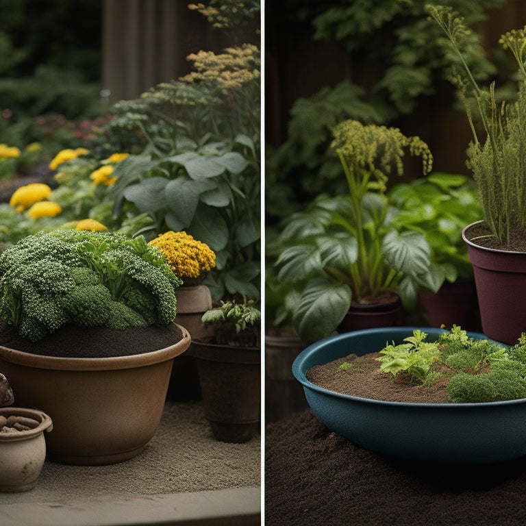 A split-screen image featuring a small planter overflowing with weak, spindly vegetable plants alongside a larger planter with lush, thriving vegetables, surrounded by a garden bed with rich, dark soil.