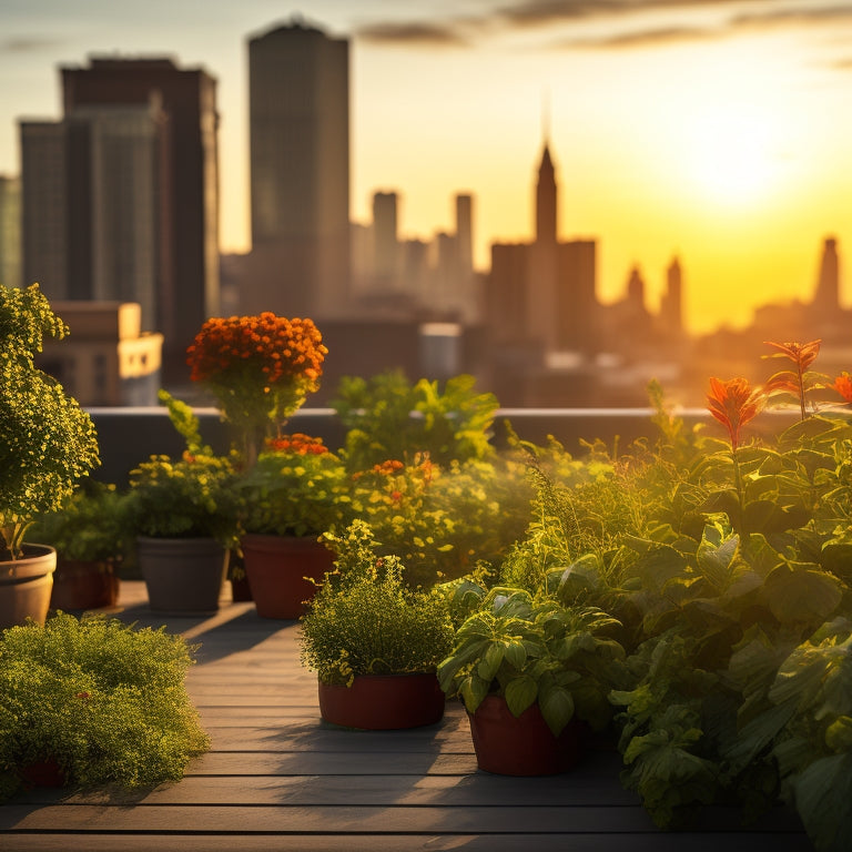 A serene rooftop garden scene at sunset, with lush green vegetables and herbs thriving in wooden planters, surrounded by vibrant flowers, amidst a bustling cityscape in the background.