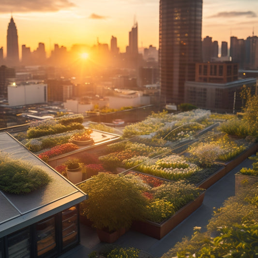 An aerial view of a lush, thriving rooftop garden with a network of thin, transparent tubes and misting nozzles suspended above the plants, surrounded by a cityscape at sunset.