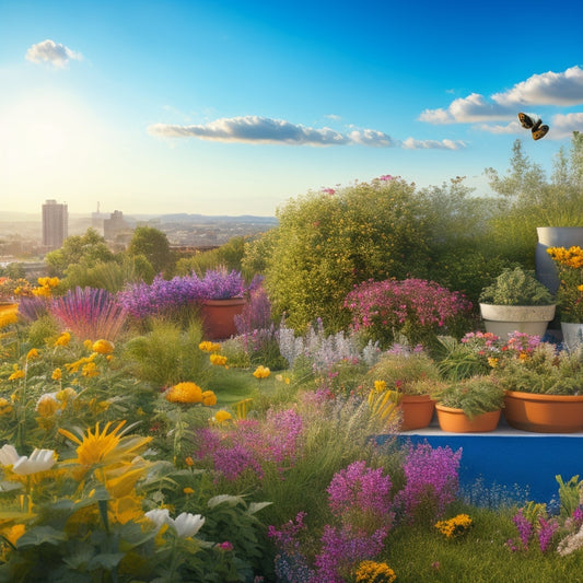 An illustration of a lush, thriving rooftop garden with a variety of colorful flowers, herbs, and vegetables, surrounded by buzzing bees and butterflies, under a clear blue sky with fluffy white clouds.