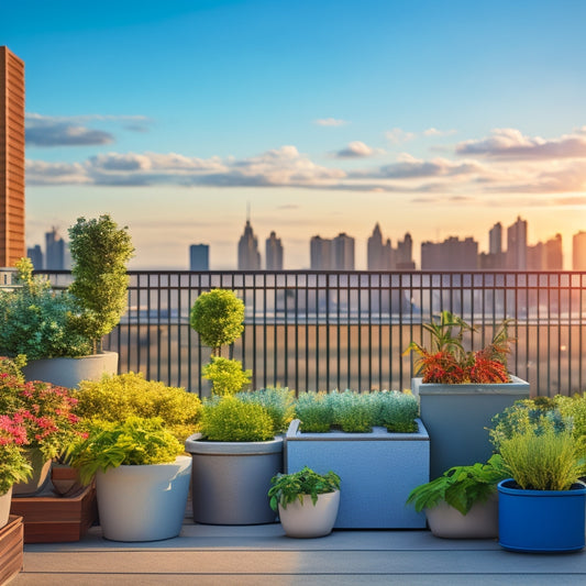 A serene rooftop scene with a compact, tiered planter system, lush green herbs, and a small wooden trellis, set against a soft, blue-gray cityscape background with a few wispy clouds.