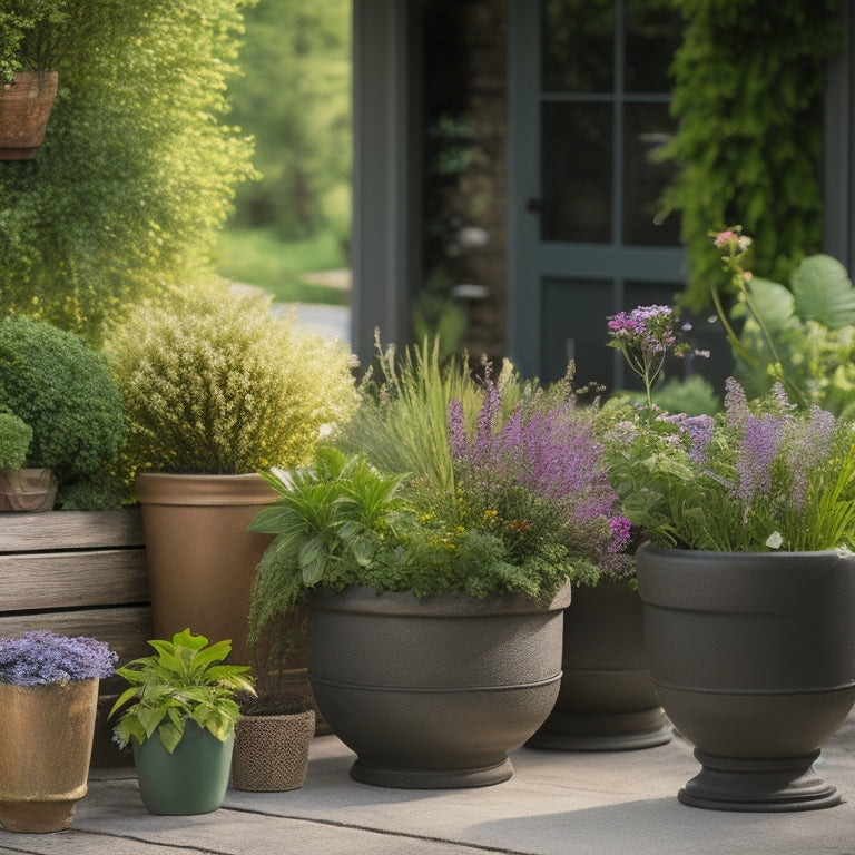 A serene outdoor setting with a variety of planters made from different materials, including weathered wood, sleek metal, rustic terra cotta, and modern fiberglass, surrounded by lush greenery and vibrant flowers.