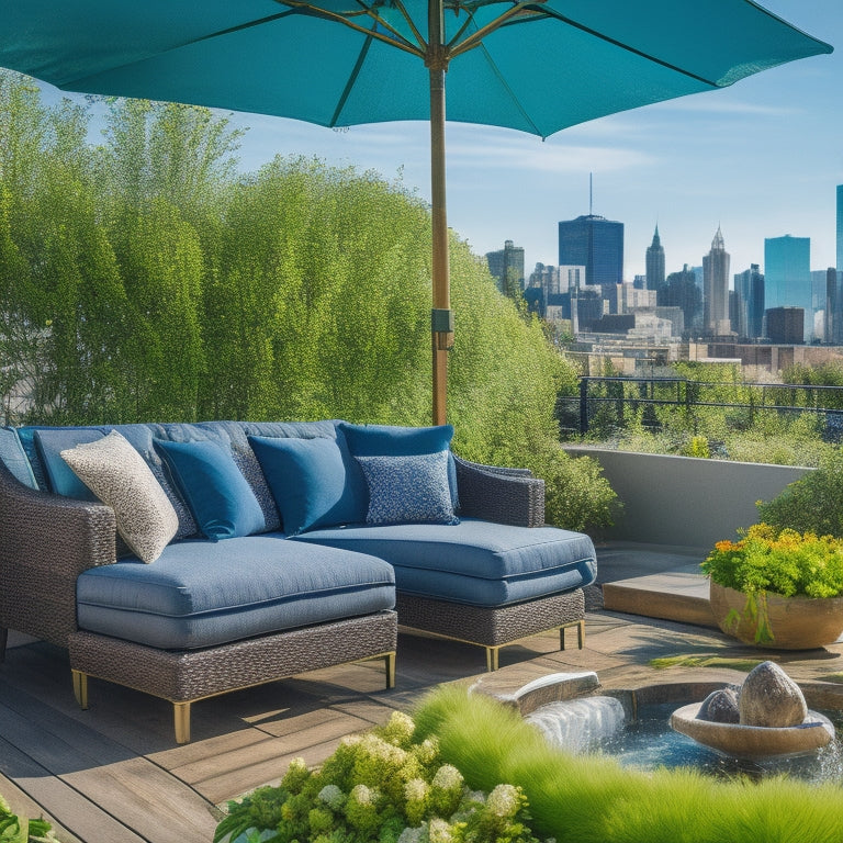 A serene rooftop oasis: lush greenery, vibrant flowers, and a tranquil water feature amidst sleek cityscape views, with a plush outdoor sofa and hammock under a sunny blue sky.