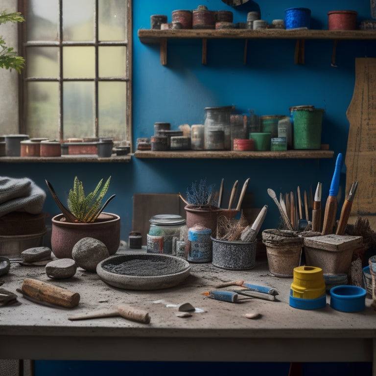 A messy workbench with concrete planters in various stages of upcycling, surrounded by paintbrushes, paint cans, and decorative materials like tiles, pebbles, and ribbons.