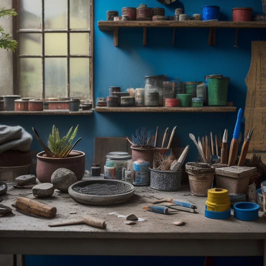A messy workbench with concrete planters in various stages of upcycling, surrounded by paintbrushes, paint cans, and decorative materials like tiles, pebbles, and ribbons.