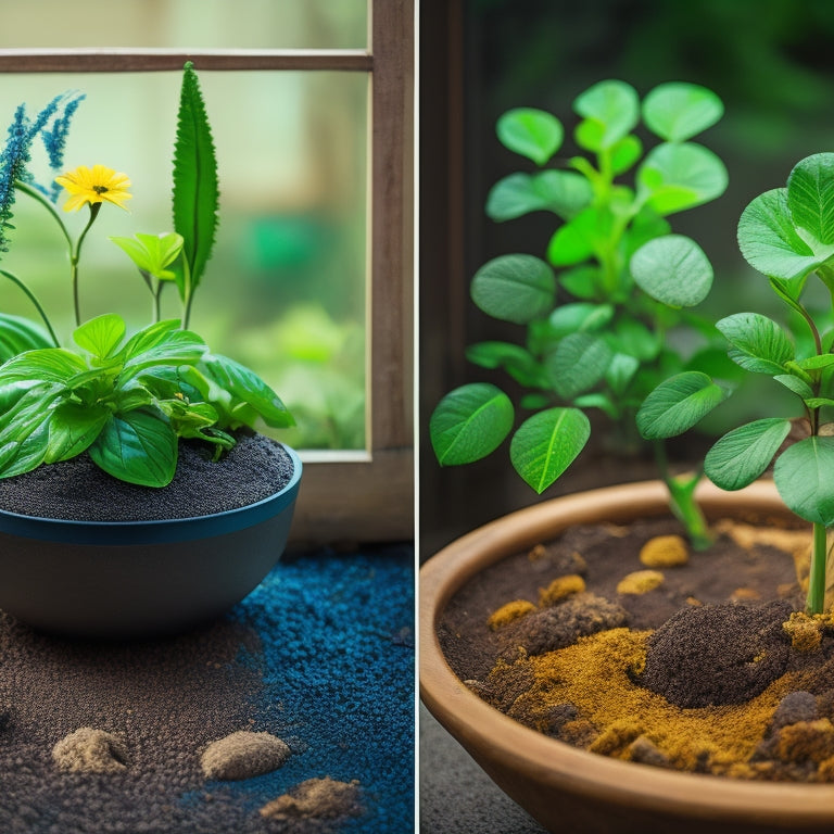 A split-screen image featuring a DIY planter with waterlogged soil and dying plants on one side, and a planter with proper drainage, lush greenery, and tiny water droplets escaping from the bottom on the other.