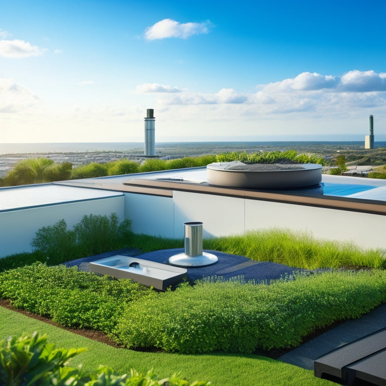 An illustration of a modern rooftop garden with lush greenery, a sleek rainwater harvesting system comprising a large tank, pipes, and gutters, set against a bright blue sky with fluffy white clouds.