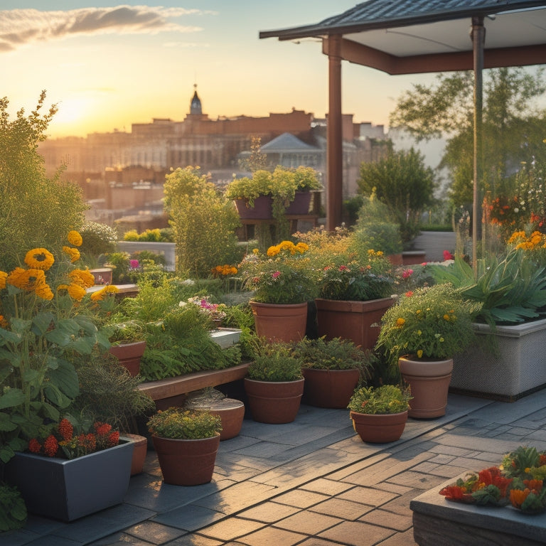 A serene rooftop garden scene at sunset with a mix of vibrant flowers, lush greenery, and vegetables, featuring marigolds and tomatoes, basil and peppers, surrounded by rustic wooden planters and a tranquil water feature.