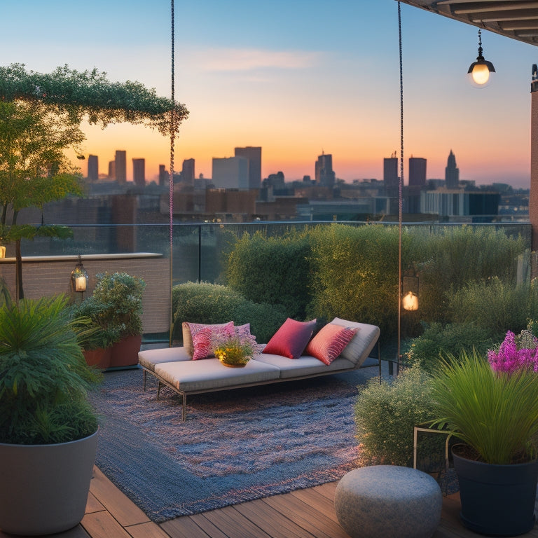 A serene rooftop oasis at sunset, with lush greenery, colorful flowers, and a small seating area featuring a hammock, lanterns, and a few potted plants, surrounded by a sleek cityscape.