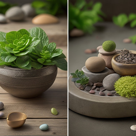 A split-screen image featuring a small DIY planter overflowing with lush greenery on a rustic wooden table, alongside a scale and various weights (pebbles, marbles, sand) arranged in a decorative pattern.