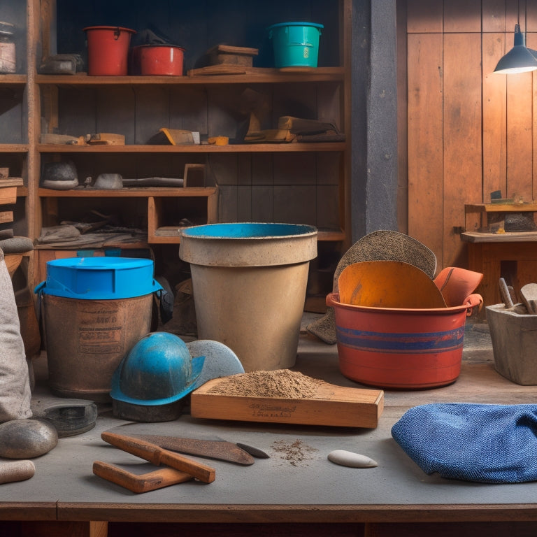 A cluttered workbench with a bucket of concrete mix, a bag of Portland cement, a shovel, a trowel, a level, and a stack of wooden molds in various shapes and sizes.