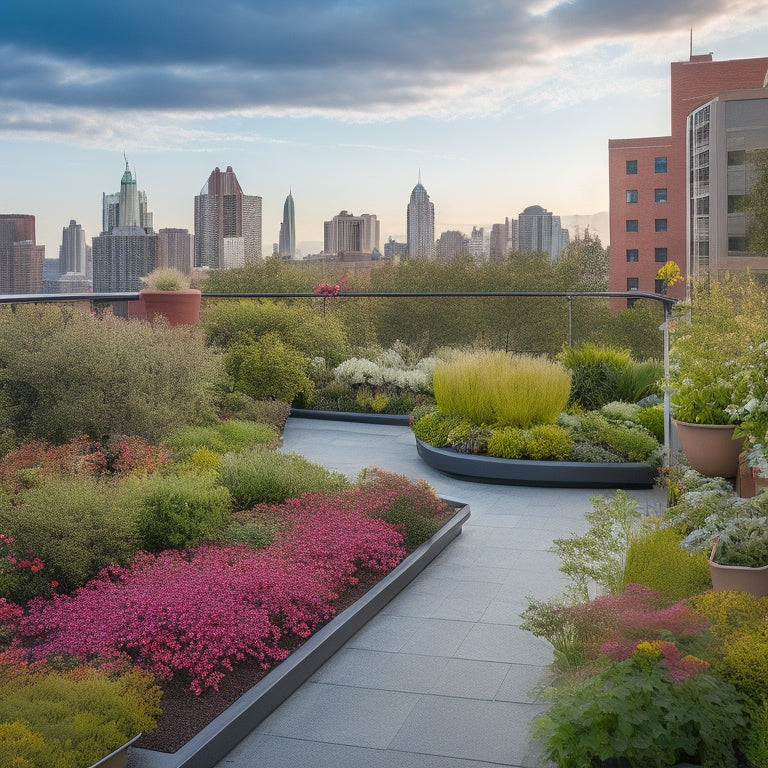 A serene rooftop garden with a gentle slope, featuring lush greenery, vibrant flowers, and a meandering stone pathway, surrounded by sleek metal railings and a modern cityscape in the background.