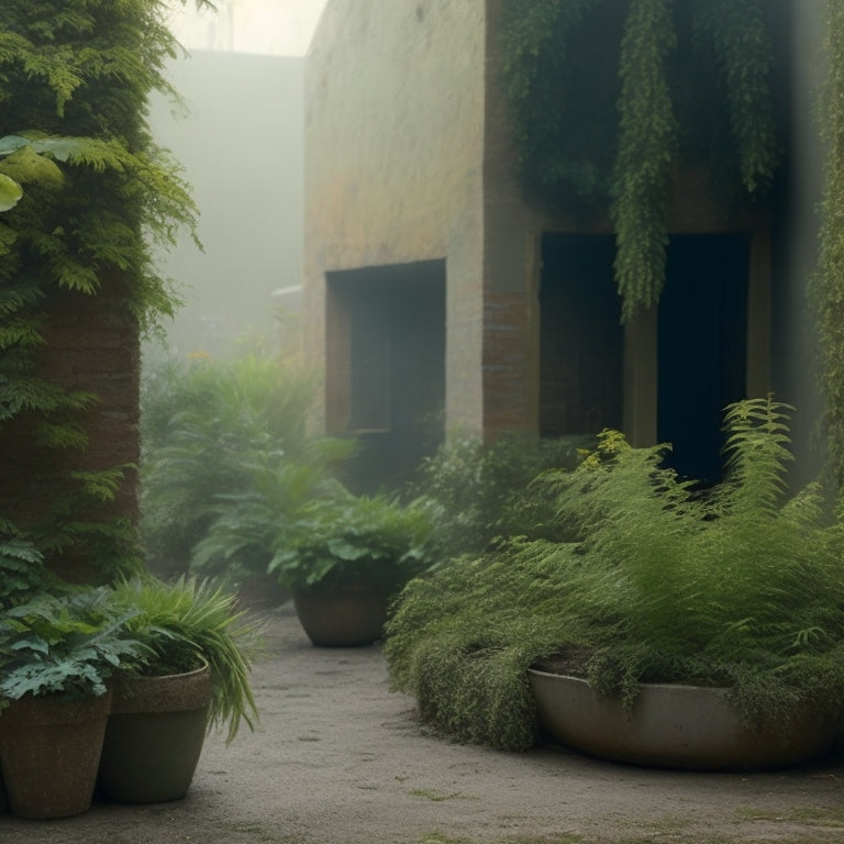 A misty, gray-scale urban garden scene with wilting, yellowed leaves and stunted, spindly plants amidst cracked, dry soil and moss-covered, crumbling brick walls.
