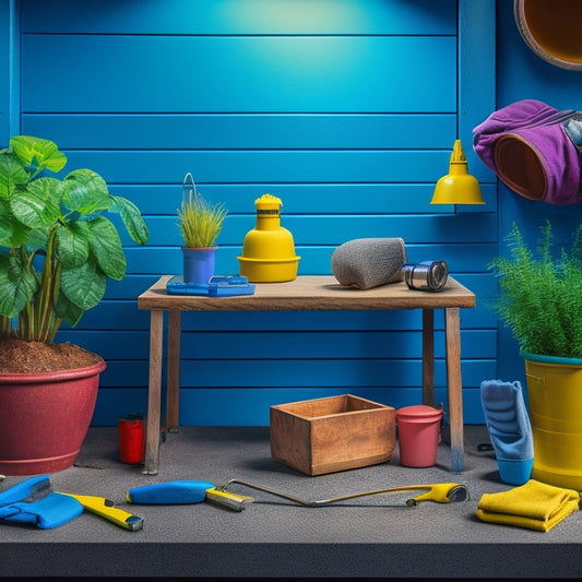 A colorful, well-lit illustration of a workshop bench with a block planter under construction, surrounded by essential tools: trowel, level, safety glasses, gloves, and a mixing bucket with cement and water.