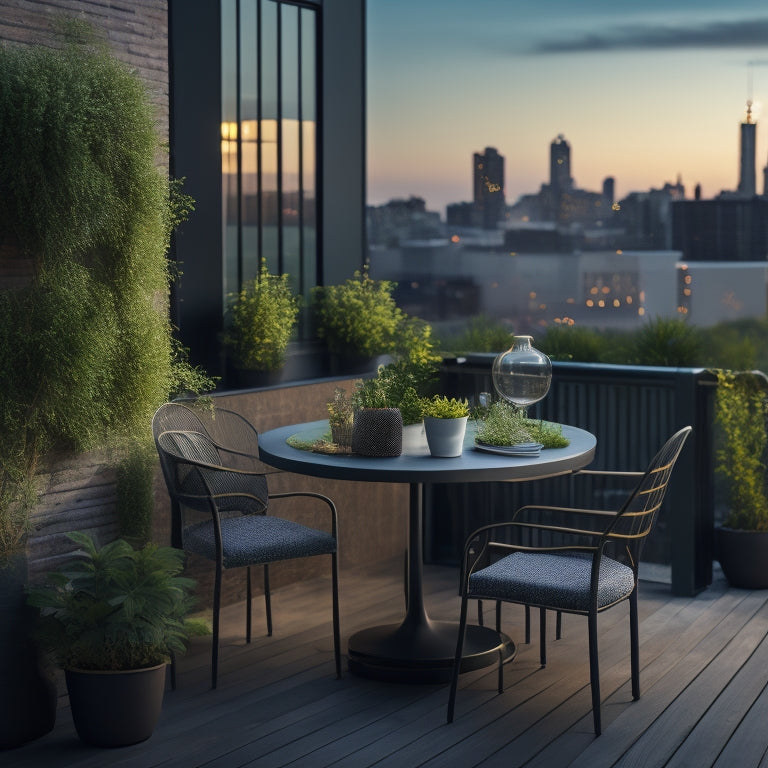 A serene rooftop oasis with a petite table, two mismatched chairs, and a lush greenery wall, surrounded by a sleek metal railing and a cityscape view at dusk.