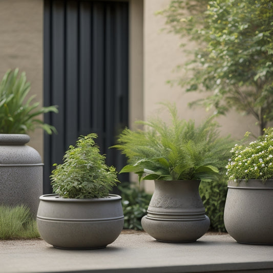 A serene outdoor setting with three concrete planters of varying sizes, each containing lush greenery, surrounded by a few scattered gardening tools and a subtle water mist effect in the background.