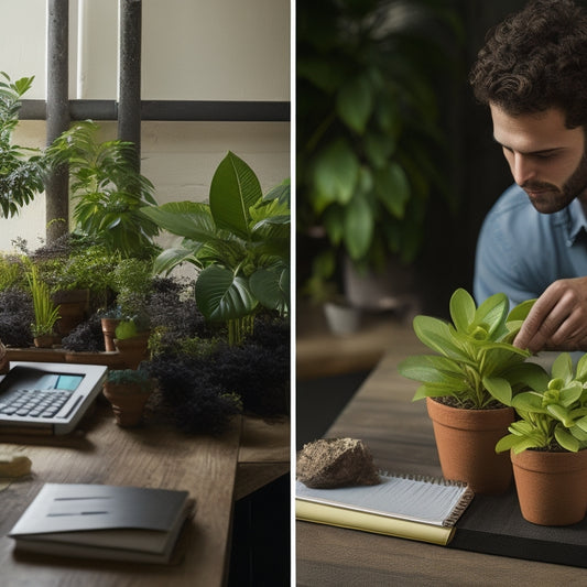 A split-screen image featuring a person holding a small potted plant on the left, with a calculator and notebook on a wooden table in front of them, and a large concrete planter with decorative plants on the right.