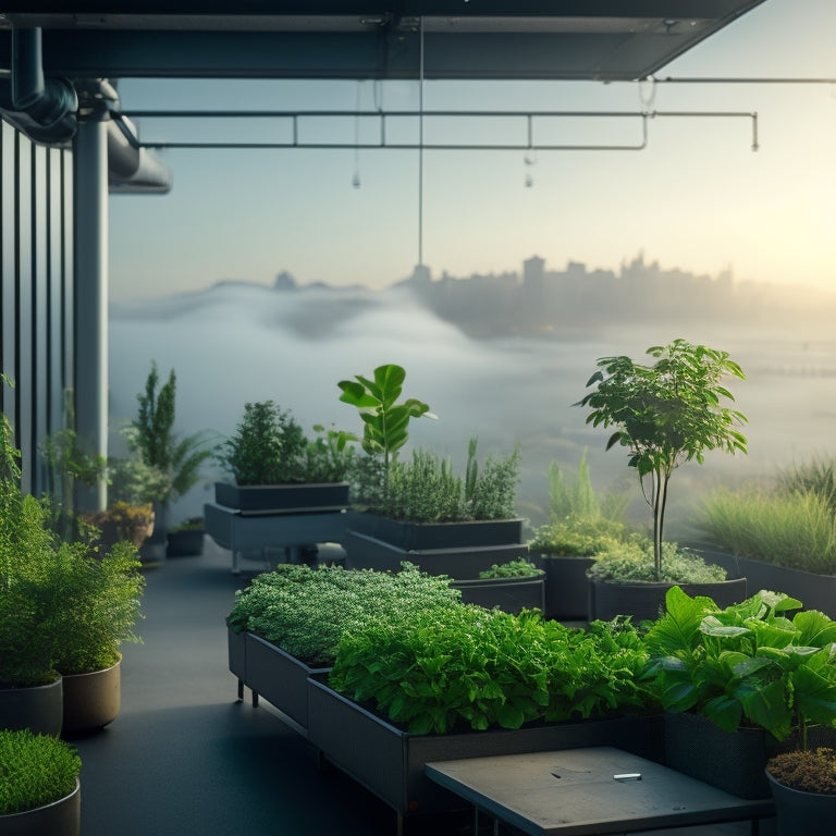 A serene rooftop hydroponic garden with lush green plants, misty fog rolling in, and a futuristic climate control system with sleek sensors, tubes, and LED lights in the background.