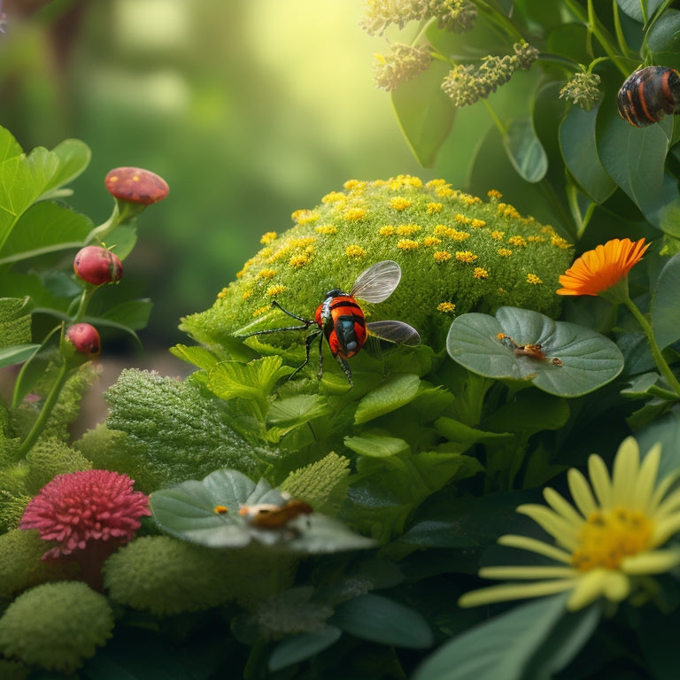 An illustration of a thriving vertical garden with lush green plants, accompanied by a ladybug perched on a leaf, a praying mantis hiding behind a flower, and a few marigolds scattered throughout, surrounded by a subtle, natural background.