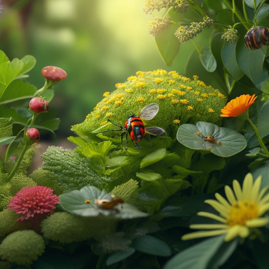 An illustration of a thriving vertical garden with lush green plants, accompanied by a ladybug perched on a leaf, a praying mantis hiding behind a flower, and a few marigolds scattered throughout, surrounded by a subtle, natural background.
