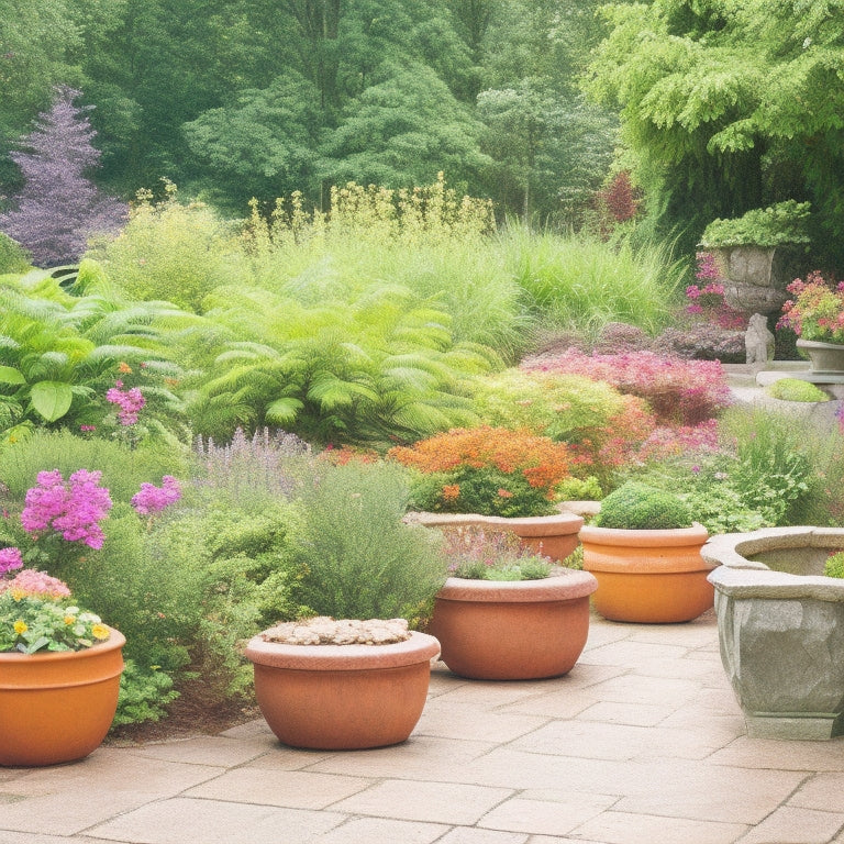 A serene garden scene with various sized cinder planters, ranging from 6-24 inches in diameter, arranged along a winding stone path, amidst lush greenery and vibrant blooming flowers.