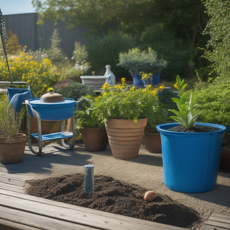 A serene outdoor setting with a partially built planter in the foreground, surrounded by scattered gardening tools, a bag of potting soil, and a few potted plants, under a sunny blue sky.