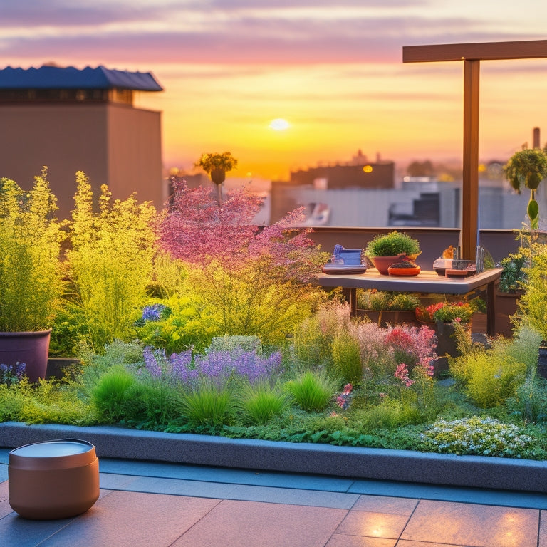 A serene rooftop garden scene at dusk, with lush greenery and vibrant flowers, featuring a few discreetly placed essential oil diffusers, surrounded by healthy plants and a few harmless, fleeing pests.