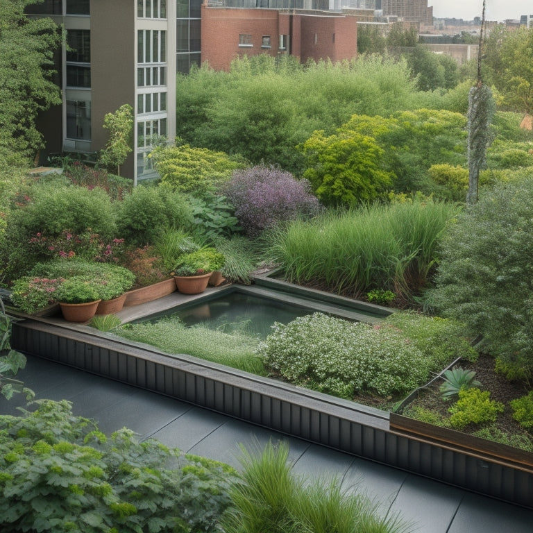 A serene rooftop garden with lush greenery, vibrant flowers, and a small pond, surrounded by a subtle mesh fence, with a few discreet yet effective pest control elements, such as copper tape and bird repellents.