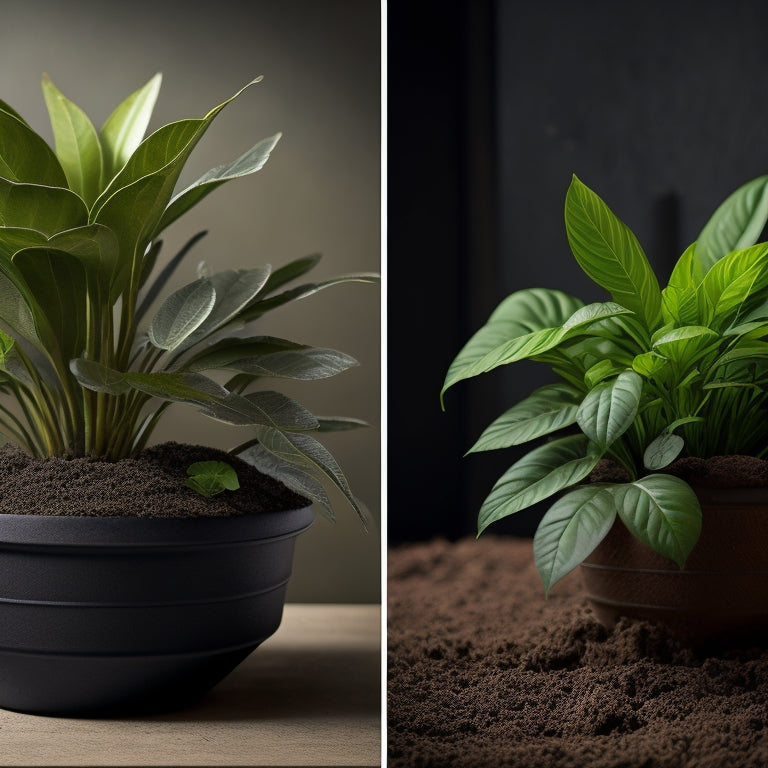 An illustration of a split-screen comparison: a thriving plant in a block planter with moist, dark brown soil and lush green leaves, versus a wilted plant in a dry, cracked, and faded soil environment.