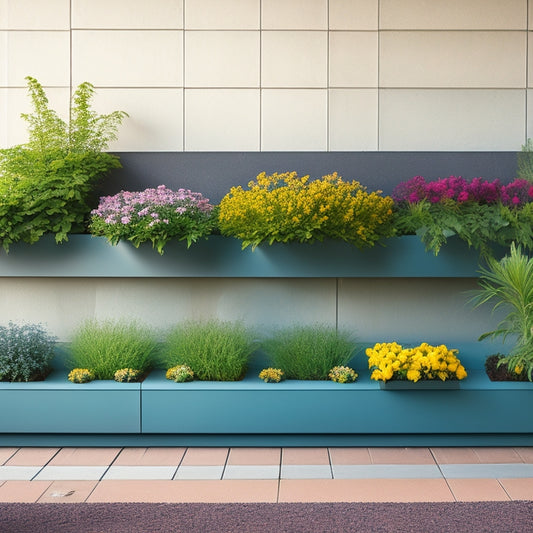 A horizontal, modern planter wall with 7-10 rectangular planters in a staggered formation, filled with lush greenery and colorful flowers, against a light gray concrete background.